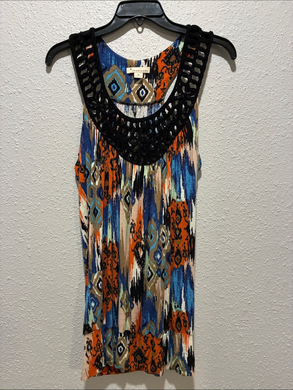 Black Crochet Yoke Multicolor Aztec Tank